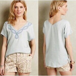HOLDING HORSES ANTHROPOLOGIE Light Blue Chambray Braided Neckline Top Size XS